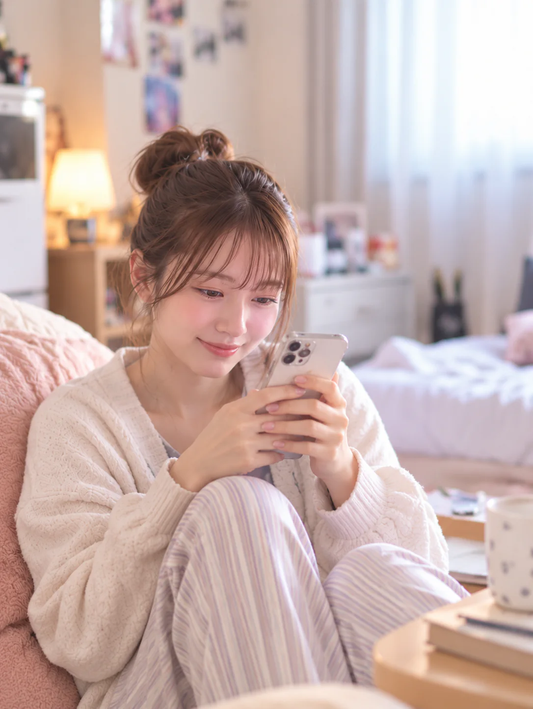 部屋の床に座り、カーディガン姿でスマートフォンを見て微笑む女性のイメージ。