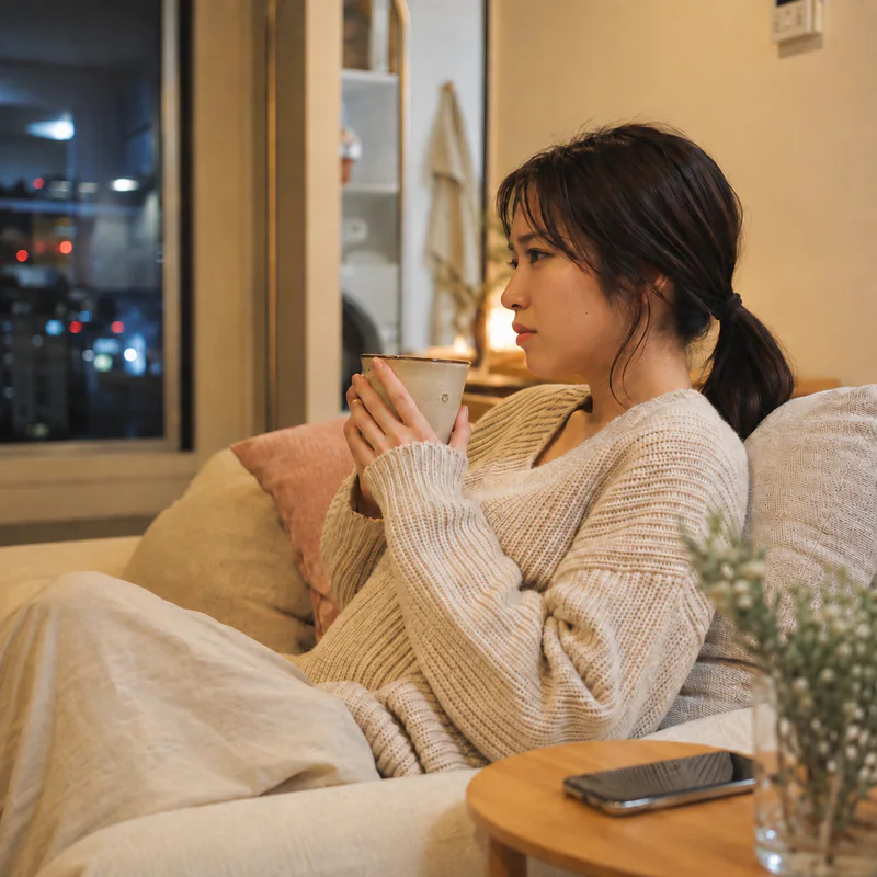 夜、ソファで温かい飲み物を手にひと息つく成人女性のイメージ。