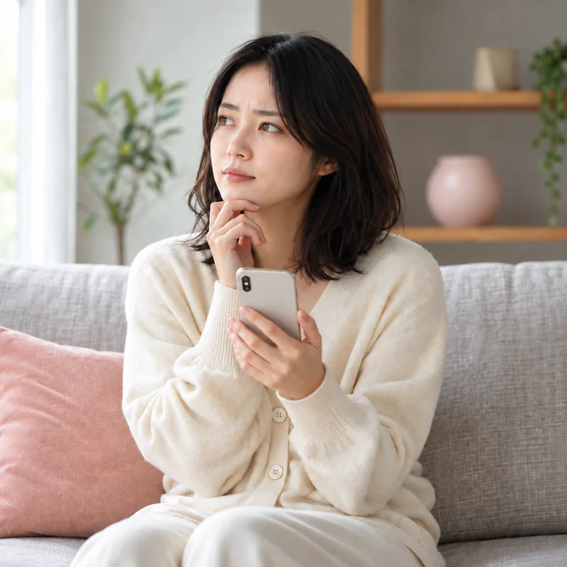 ソファでスマートフォンを手に、頬に指を当てて考え込む成人女性のイメージ。